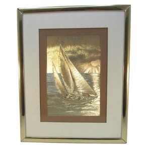 Manifestations Optical Illusion Metallic Gold Sailboat Print and Frame